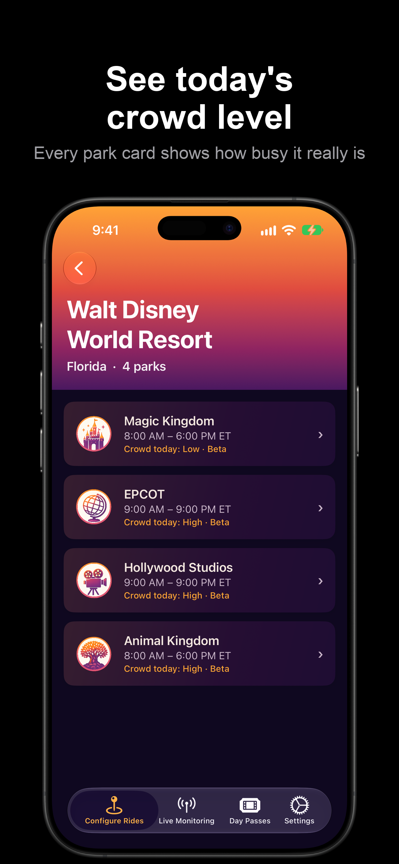 Walt Disney World park list with today's crowd level on every park card